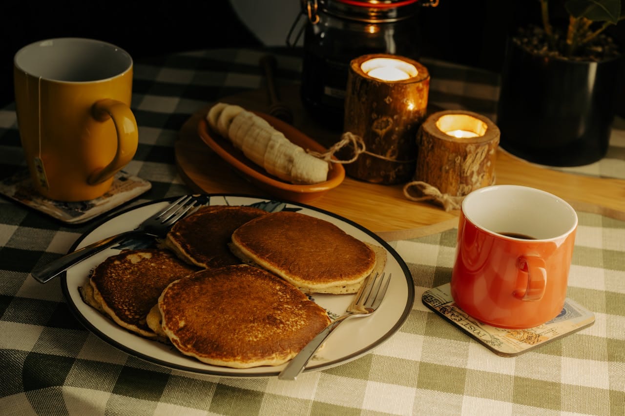 Fluffy Banana Pancakes with Sweet Maple Syrup Drizzle
